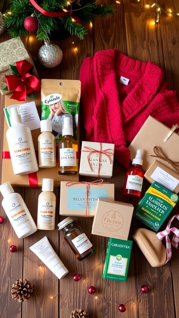 A selection of Christmas gifts for natural beauty lovers, including skincare, loungewear, and herbal teas on a festive table.
